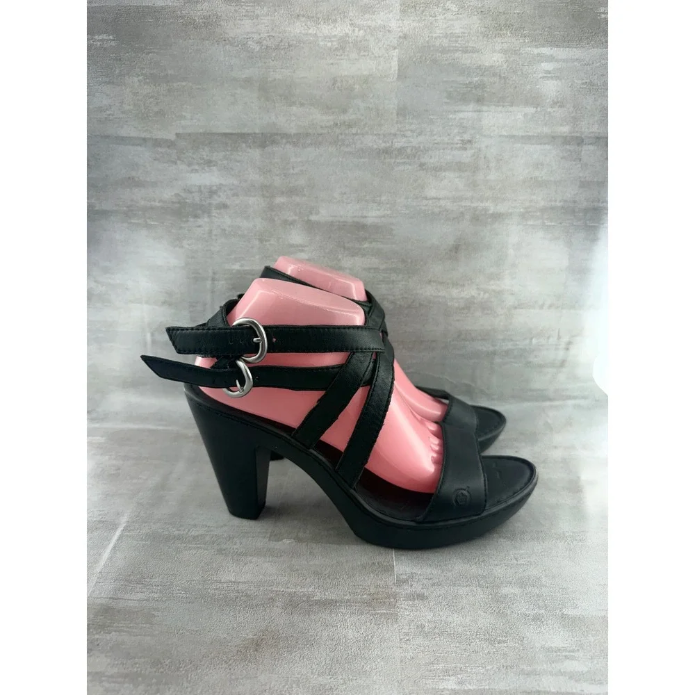 Born Black Leather Strappy Platform Block Heel Sandals Women Sz US 10 EU 42